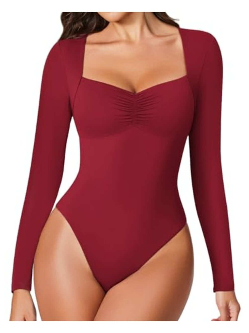 Women's Long Sleeve Bodysuit Sweetheart Neckline Ruched Thong
